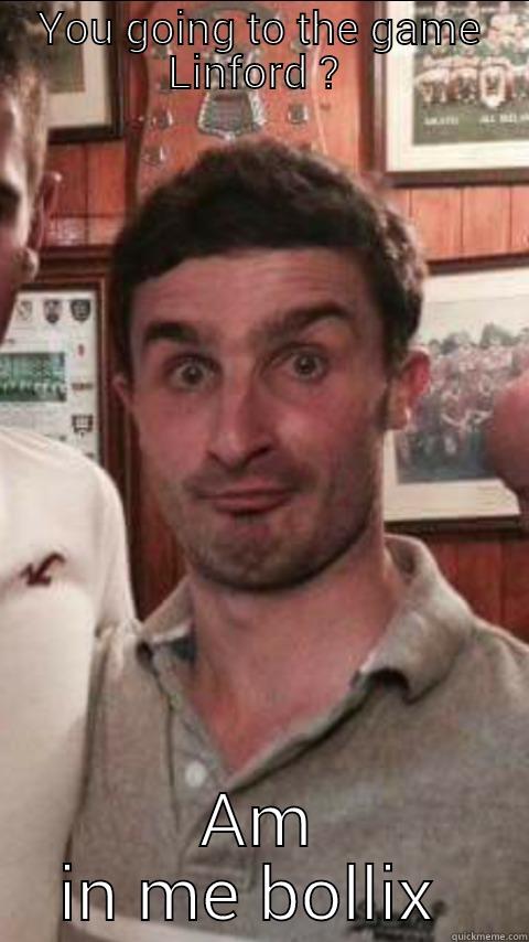 YOU GOING TO THE GAME LINFORD ?  AM IN ME BOLLIX  Misc