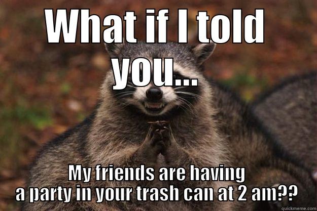 Evil Grin - WHAT IF I TOLD YOU... MY FRIENDS ARE HAVING A PARTY IN YOUR TRASH CAN AT 2 AM?? Evil Plotting Raccoon