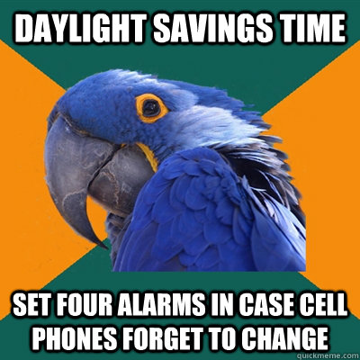 daylight savings time set four alarms in case cell phones forget to change  Paranoid Parrot