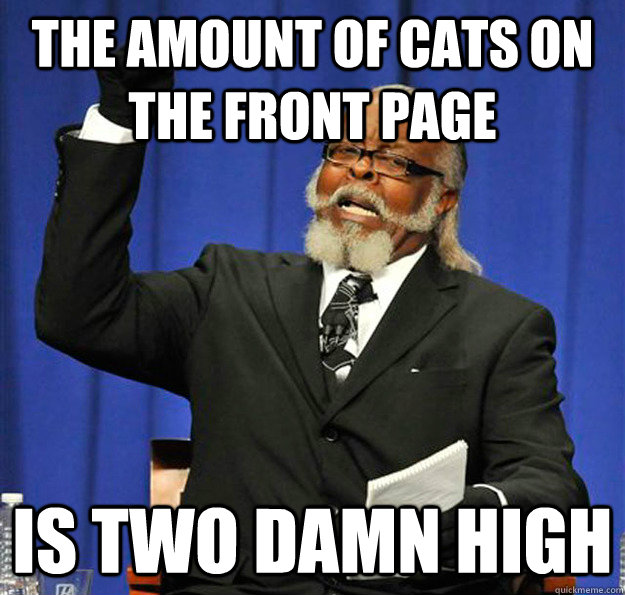 The amount of cats on the front page Is two damn high  Jimmy McMillan