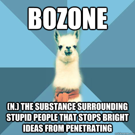 BOZONE (n.) The substance surrounding stupid people that stops bright ideas from penetrating  Linguist Llama
