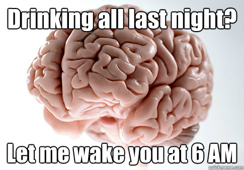 Drinking all last night? Let me wake you at 6 AM   Scumbag Brain