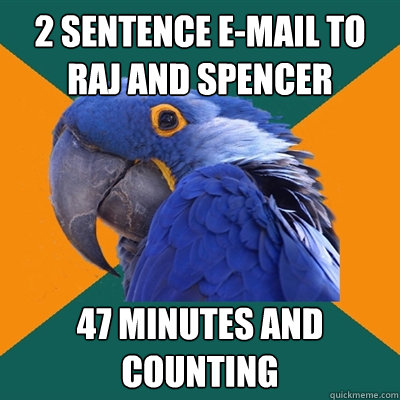 2 sentence e-mail to Raj and Spencer 47 minutes and counting  Paranoid Parrot