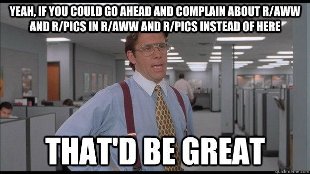 Yeah, If you could go ahead and complain about r/aww and r/pics in r/aww and r/pics instead of here That'd be great  Office Space Lumbergh HD