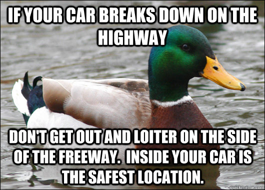 If your car breaks down on the highway Don't get out and loiter on the side of the freeway.  Inside your car is the safest location.  Actual Advice Mallard