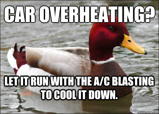 Car Overheating?
 Let it run with the A/C blasting to cool it down.  Malicious Advice Mallard