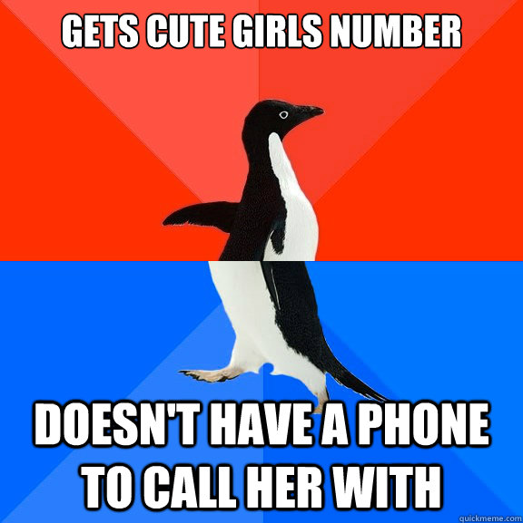 Gets cute girls number  Doesn't have a phone to call her with  Socially Awesome Awkward Penguin