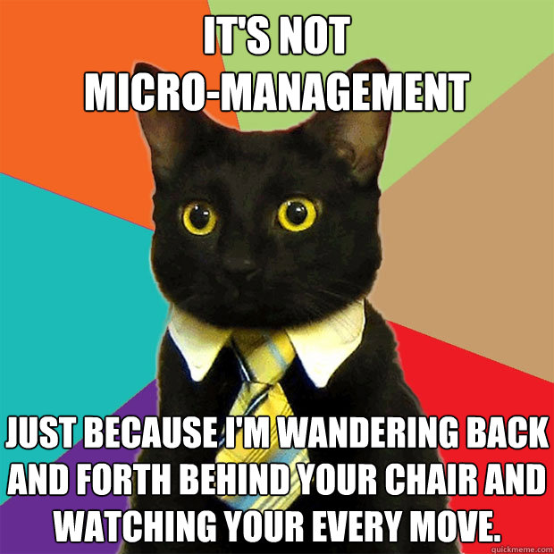 It's not
micro-management just because I'm wandering back and forth behind your chair and watching your every move. - It's not
micro-management just because I'm wandering back and forth behind your chair and watching your every move.  Business Cat