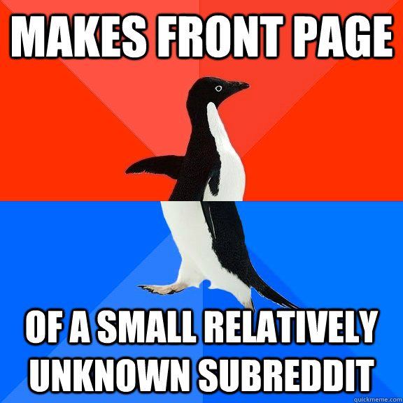 makes front page of a small relatively unknown subreddit  Socially Awesome Awkward Penguin