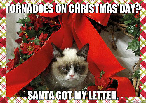 Tornadoes on Christmas day? Santa got my letter.  A Grumpy Cat Christmas