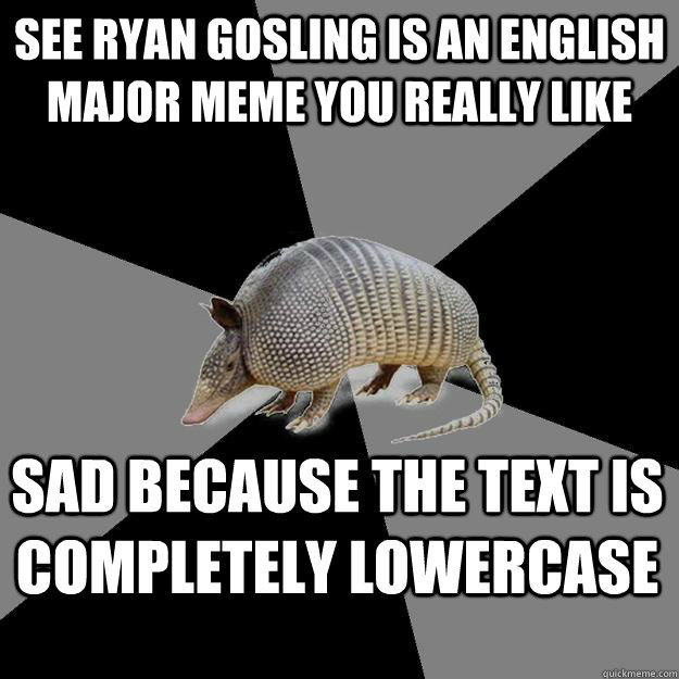 See Ryan Gosling is an English Major meme you really like Sad because the text is completely lowercase - See Ryan Gosling is an English Major meme you really like Sad because the text is completely lowercase  English Major Armadillo