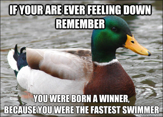 If your are ever feeling down remember You were born a winner,
because you were the fastest swimmer  Actual Advice Mallard