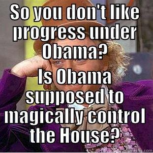 SO YOU DON'T LIKE PROGRESS UNDER OBAMA? IS OBAMA SUPPOSED TO MAGICALLY CONTROL THE HOUSE? Condescending Wonka