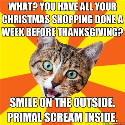 WHAT? YOU HAVE ALL YOUR CHRISTMAS SHOPPING DONE A WEEK BEFORE THANKSGIVING? SMILE ON THE OUTSIDE. PRIMAL SCREAM INSIDE.  Bad Advice Cat