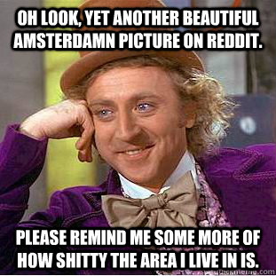 Oh look, yet another beautiful Amsterdamn picture on reddit. Please remind me some more of how shitty the area I live in is.  Condescending Wonka