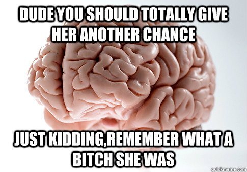 DUDE YOU SHOULD TOTALLY GIVE HER ANOTHER CHANCE JUST KIDDING,REMEMBER WHAT A BITCH SHE WAS  Scumbag Brain