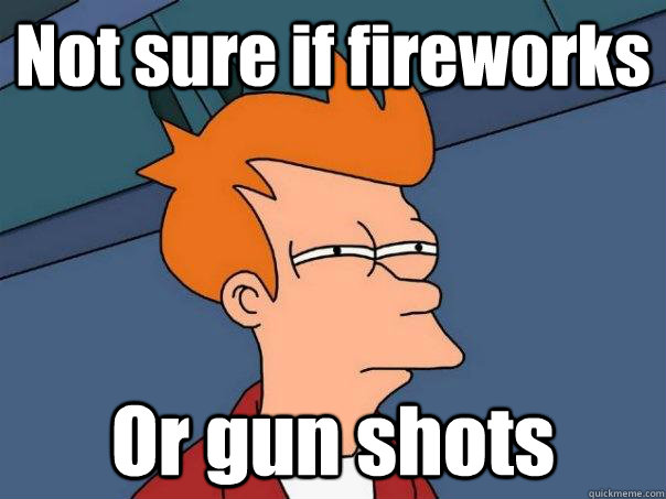 Not sure if fireworks Or gun shots  Futurama Fry