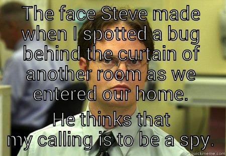 ....... The moment that you realize it just got real - THE FACE STEVE MADE WHEN I SPOTTED A BUG BEHIND THE CURTAIN OF ANOTHER ROOM AS WE ENTERED OUR HOME. HE THINKS THAT MY CALLING IS TO BE A SPY. Schrute