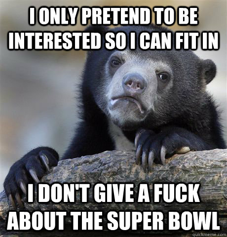 I only pretend to be interested so I can fit in I don't give a fuck about the super bowl  Confession Bear
