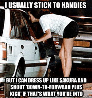 I usually stick to handies But I can dress up like Sakura and shout 'down-to-forward plus kick' if that's what you're into  Karma Whore