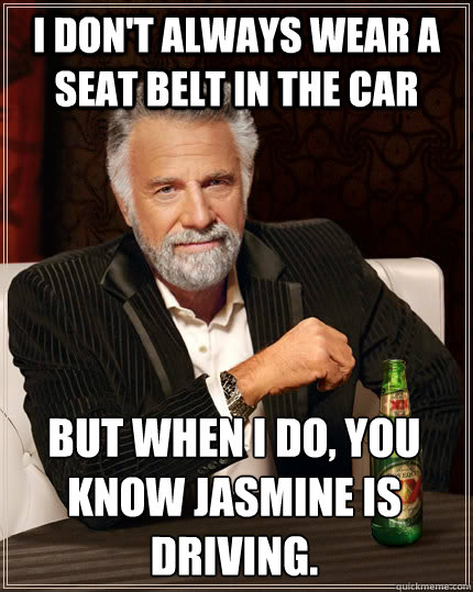 I don't always wear a seat belt in the car but when I do, you know Jasmine is driving.  The Most Interesting Man In The World