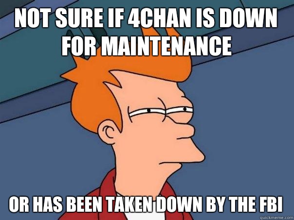 Not sure if 4chan is down for maintenance Or has been taken down by the FBI  Futurama Fry
