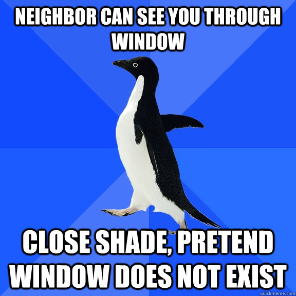 Neighbor can see you through window close shade, pretend window does not exist  Socially Awkward Penguin