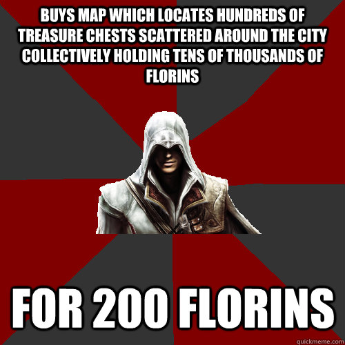 buys map which locates hundreds of treasure chests scattered around the city collectively holding tens of thousands of florins for 200 florins   