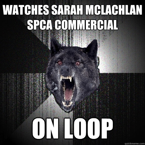 watches sarah mclachlan spca commercial on loop  Insanity Wolf