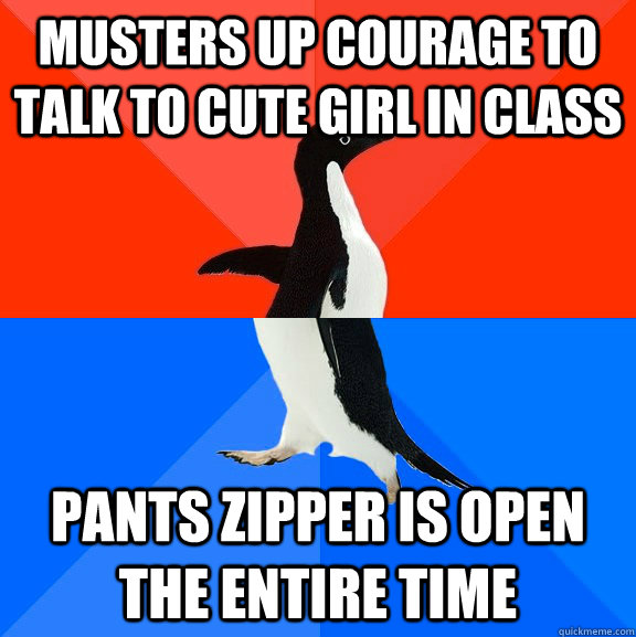 Musters up courage to talk to cute girl in class Pants zipper is open the entire time  Socially Awesome Awkward Penguin
