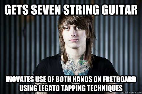 gets seven string guitar inovates use of both hands on fretboard using legato tapping techniques   