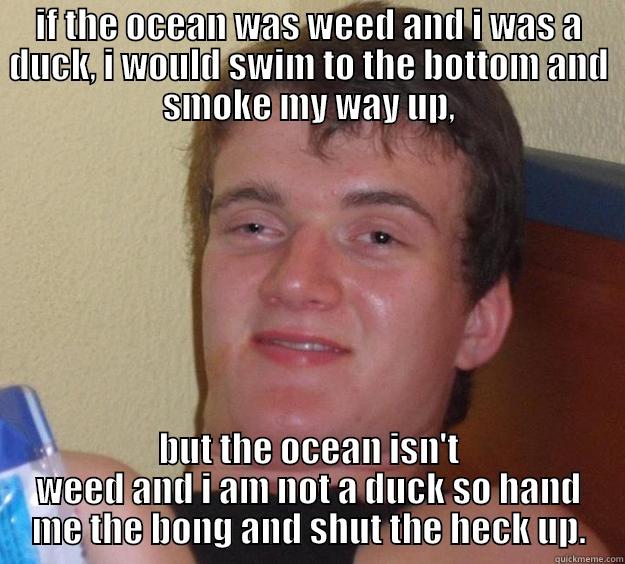 IF THE OCEAN WAS WEED AND I WAS A DUCK, I WOULD SWIM TO THE BOTTOM AND SMOKE MY WAY UP, BUT THE OCEAN ISN'T WEED AND I AM NOT A DUCK SO HAND ME THE BONG AND SHUT THE HECK UP. 10 Guy
