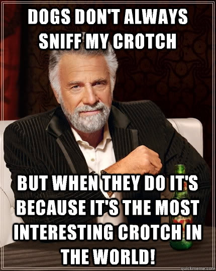 Dogs don't always sniff my crotch but when they do it's because it's the most interesting crotch in the world!  The Most Interesting Man In The World