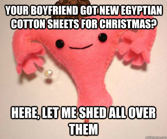 Your boyfriend got new egyptian cotton sheets for christmas? Here, let me shed all over them - Your boyfriend got new egyptian cotton sheets for christmas? Here, let me shed all over them  Scumbag Uterus