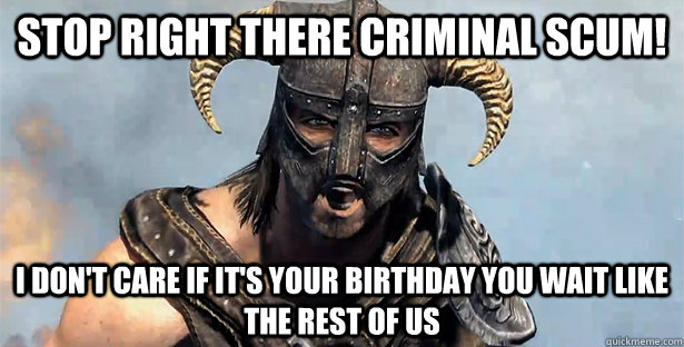 Stop Right There Criminal Scum! I don't care if it's your birthday you wait like the rest of us  Skyrim time wasting