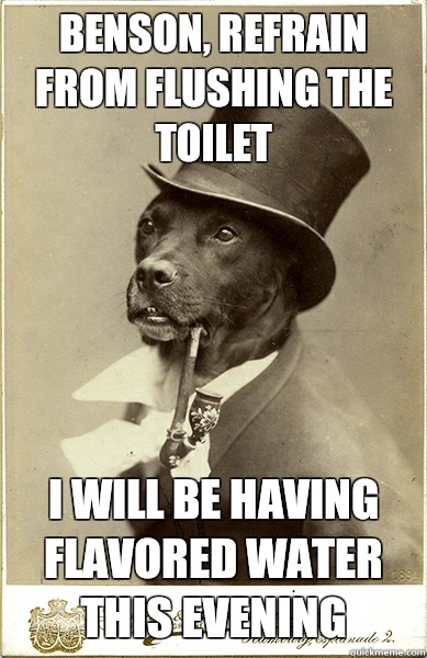 Benson, refrain from flushing the toilet I will be having flavored water this evening - Benson, refrain from flushing the toilet I will be having flavored water this evening  Old Money Dog