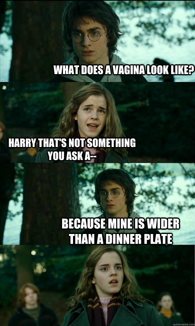 What does a vagina look like? Harry that's not something you ask a-- Because mine is wider than a dinner plate - What does a vagina look like? Harry that's not something you ask a-- Because mine is wider than a dinner plate  Horny Harry