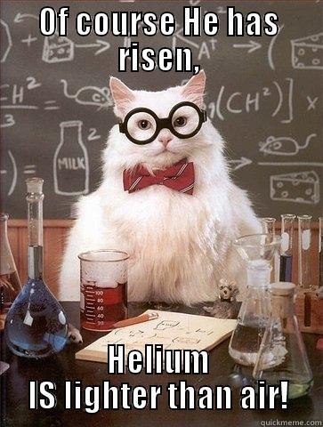 OF COURSE HE HAS RISEN, HELIUM IS LIGHTER THAN AIR! Chemistry Cat