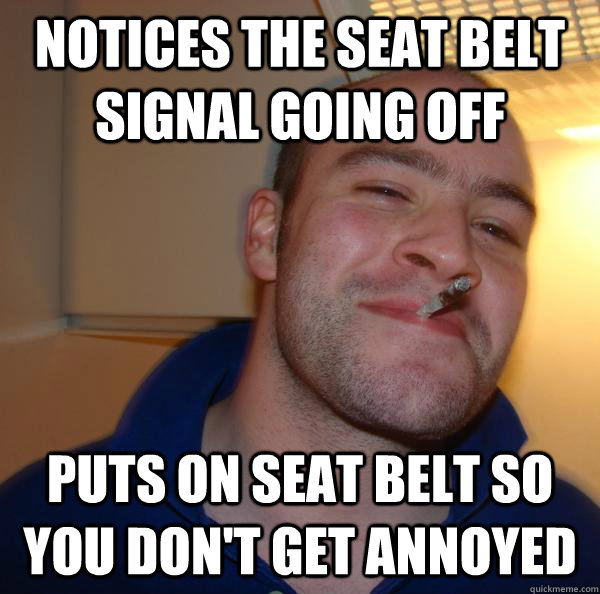 Notices the seat belt signal going off Puts on seat belt so you don't get annoyed - Notices the seat belt signal going off Puts on seat belt so you don't get annoyed  Misc