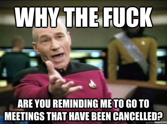Why the fuck Are you reminding me to go to meetings that have been cancelled?  Annoyed Picard HD