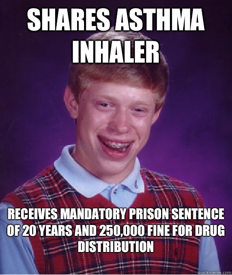 Shares Asthma inhaler  Receives mandatory prison sentence of 20 years and 250,000 fine for drug distribution
  Bad Luck Brian