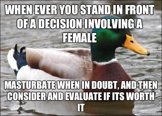 When ever you stand in front of a decision involving a female Masturbate when in doubt, and then consider and evaluate if its worth it  Actual Advice Mallard