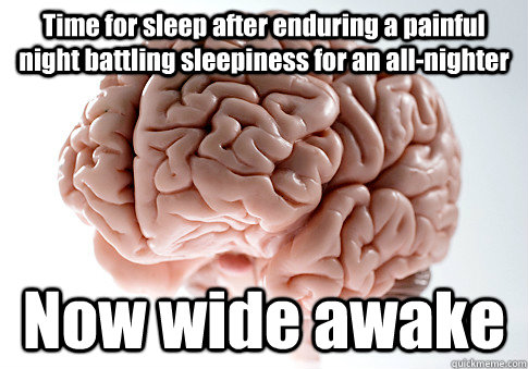 Time for sleep after enduring a painful night battling sleepiness for an all-nighter Now wide awake   Scumbag Brain