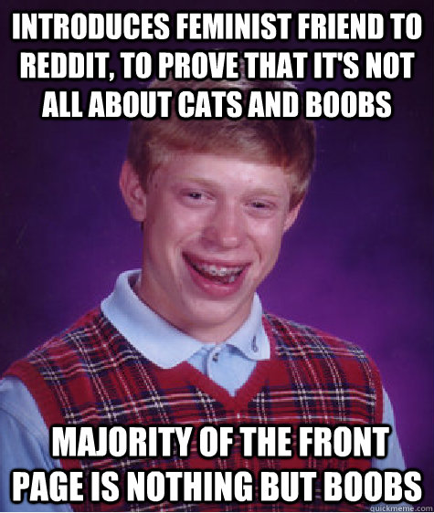 introduces feminist friend to reddit, to prove that it's not all about cats and boobs  majority of the front page is nothing but boobs  Bad Luck Brian