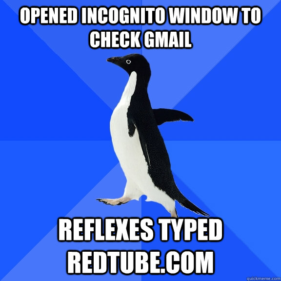 Opened incognito window to check gmail reflexes typed redtube.com  Socially Awkward Penguin