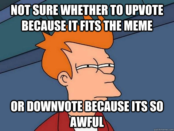Not sure whether to upvote because it fits the meme or downvote because its so awful  Not sure Fry
