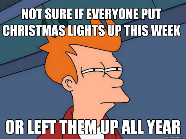 not sure if everyone put christmas lights up this week Or left them up all year  Futurama Fry