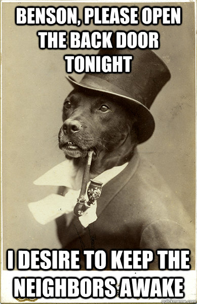 Benson, please open the back door tonight i desire to keep the neighbors awake - Benson, please open the back door tonight i desire to keep the neighbors awake  Old Money Dog