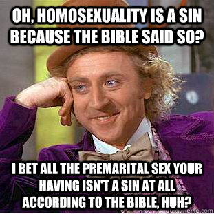 Oh, Homosexuality is a sin because the bible said so?  I bet all the premarital sex your having isn't a sin at all according to the bible, huh?  Condescending Wonka