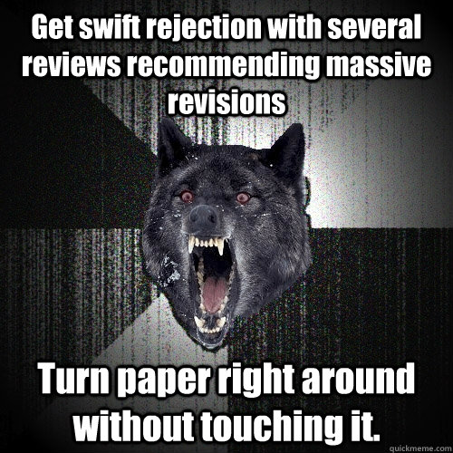 Get swift rejection with several reviews recommending massive revisions  Turn paper right around without touching it.  Insanity Wolf